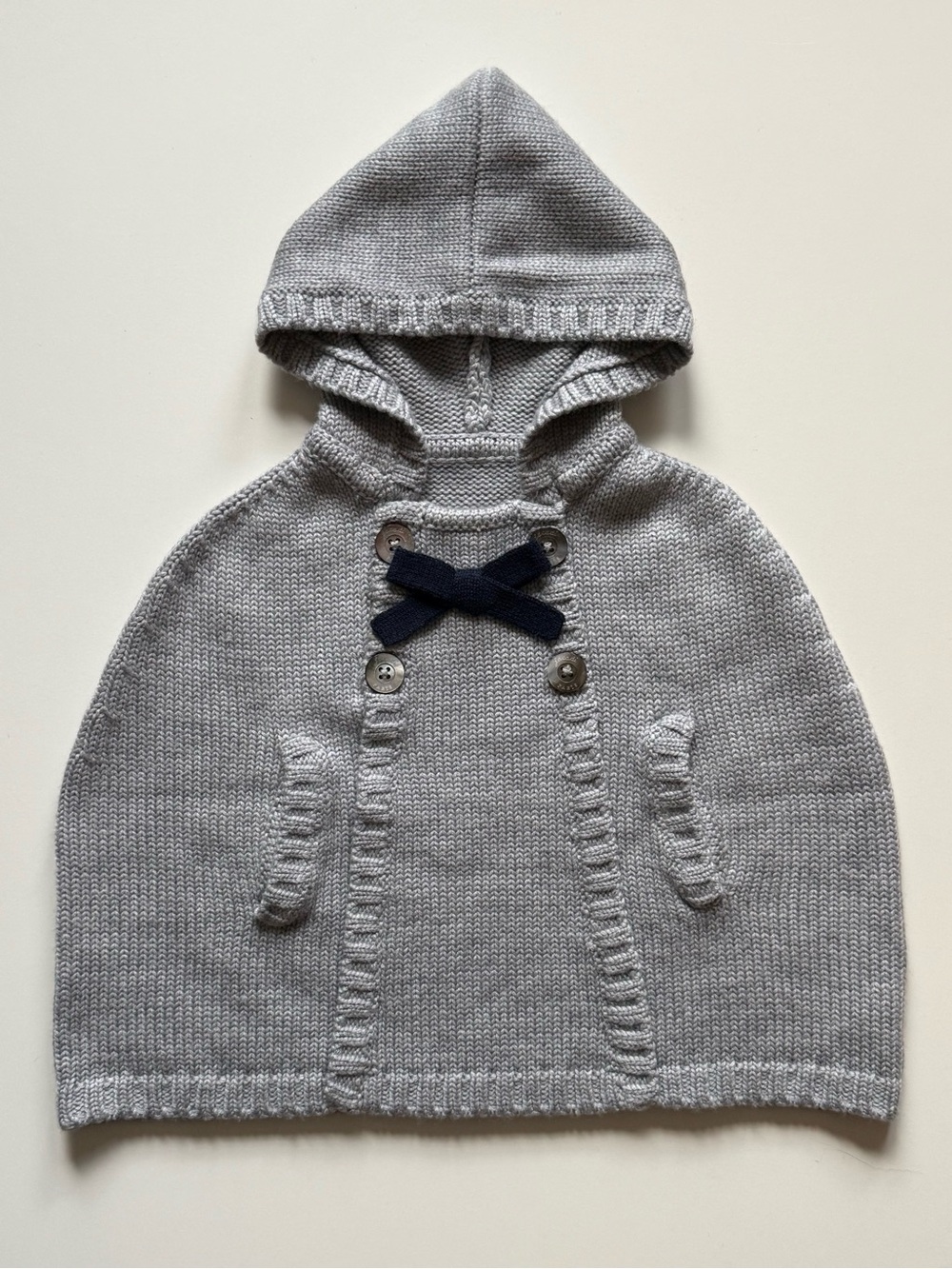 Jacadi Girls Light Gray Hooded Knit Cape with Navy Bow - Size 18M